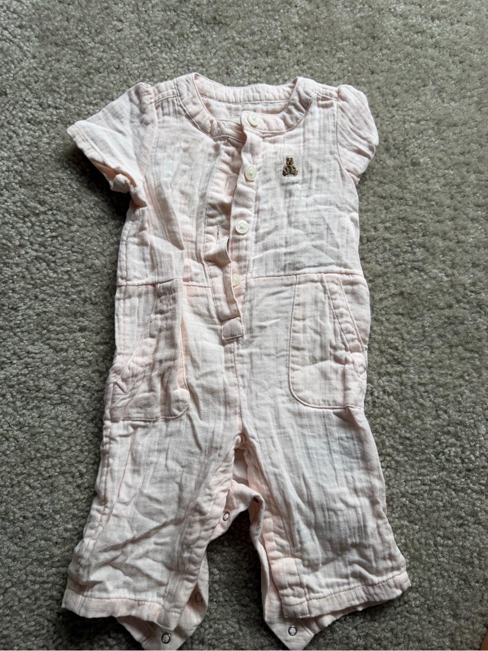 GAP Light Pink Cotton Short-Sleeve Romper with Pocket Detail